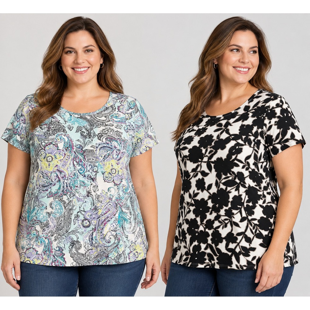 Croft Barrow Shirt Lot 2 Womens 1X Plus Classic Tee Paisley Floral Short Sleeve